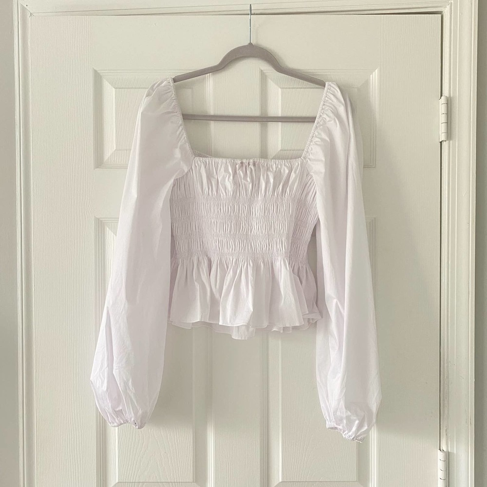 Staud Jules White Smocked Peplum Blouse Sz XL - Picture 7 of 8